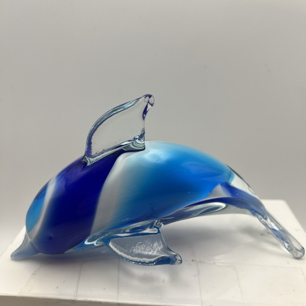 Vintage Hand Blown Art Glass Dolphin Figurine Blue White Swirl Paperweight 6"